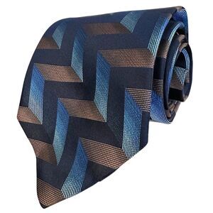Bugatti Men's Silk Tie‎ Blue Brown Chevron Geometric Pattern USA